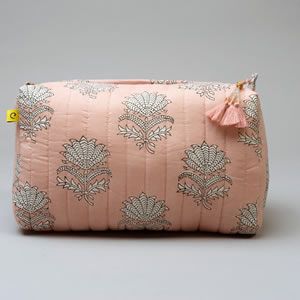 Hand blockprint Mandawa fan flower wash bag in peachy pink